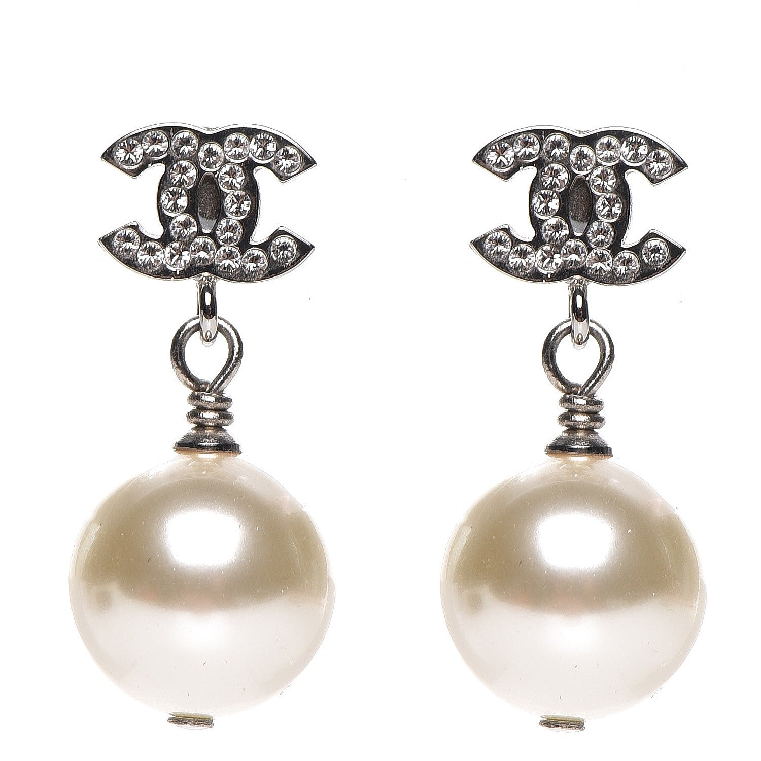 Chanel Crystal Pearl CC Drop Earrings Silver 1 of 4