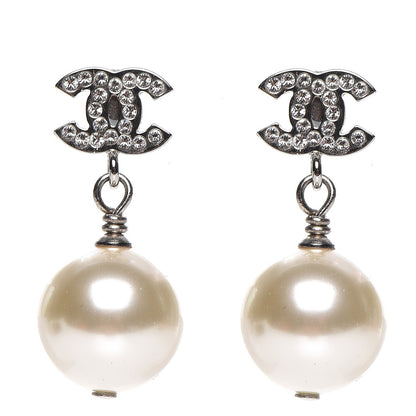 Chanel Crystal Pearl CC Drop Earrings Silver 1 of 4