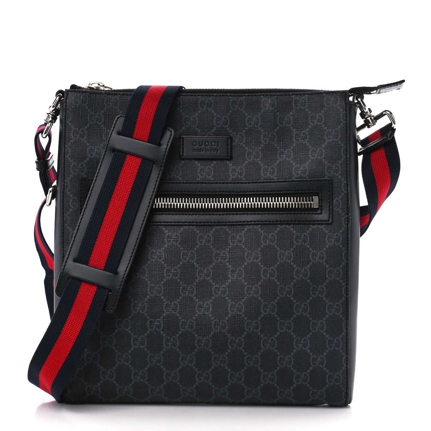 GG Supreme Monogram Appia Calfskin Web Flat Messenger Bag Black Grey