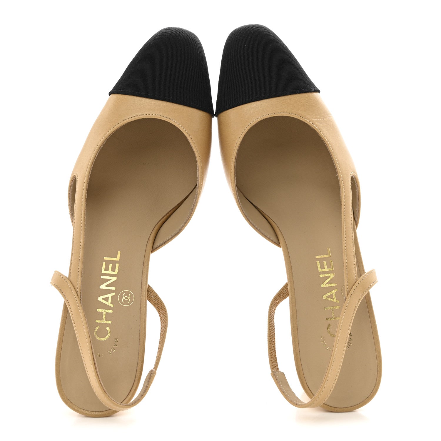 Chanel Goatskin Grosgrain Cap Toe CC Slingback Pumps 36.5 Beige Black 2 of 10