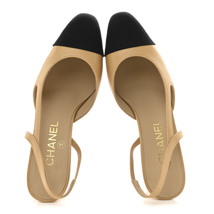 Chanel Goatskin Grosgrain Cap Toe CC Slingback Pumps 36.5 Beige Black 2 of 10