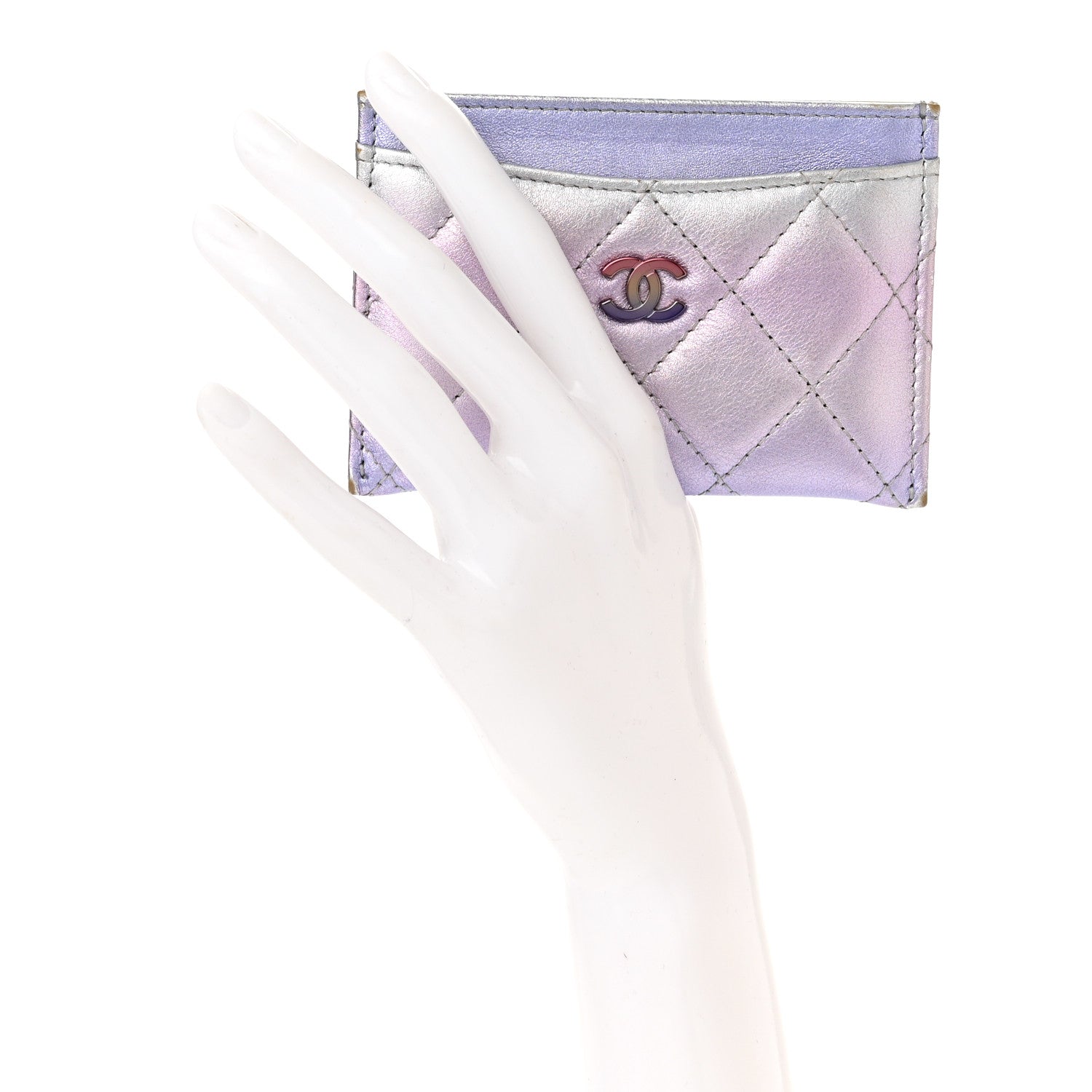 Chanel Gradient Metallic Calfskin Quilted Card Holder Silver Blue Yellow Purple 2 of 10