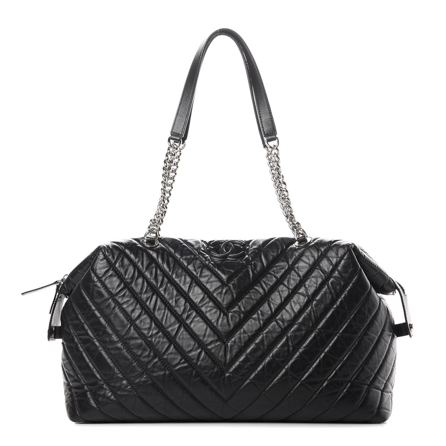 Aged Calfskin Chevron Quilted Duffle Bag Black