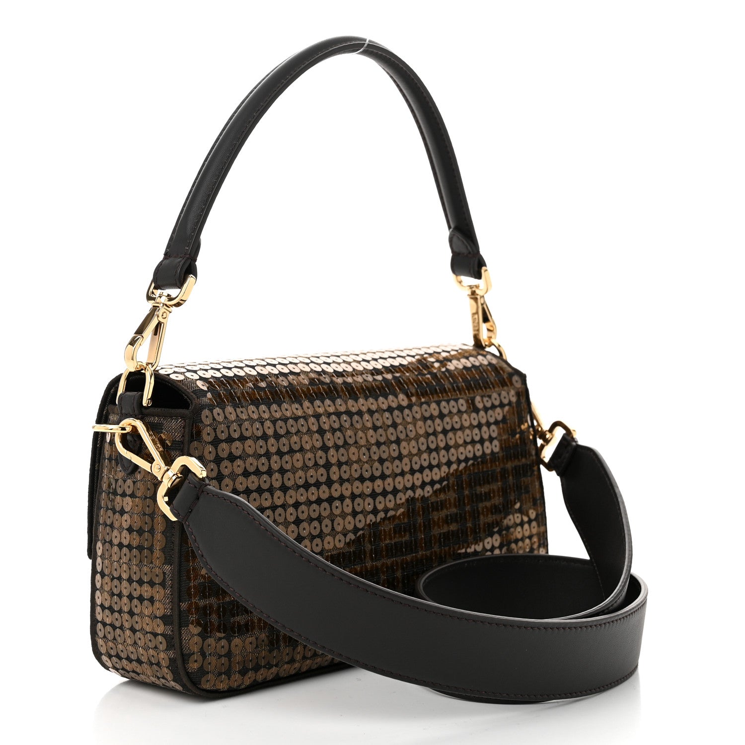 Fendi Fabric Jacquard Paillettes Vitello Seta FF 1974 Baguette Testa di Moro Real Ebano 3 of 10