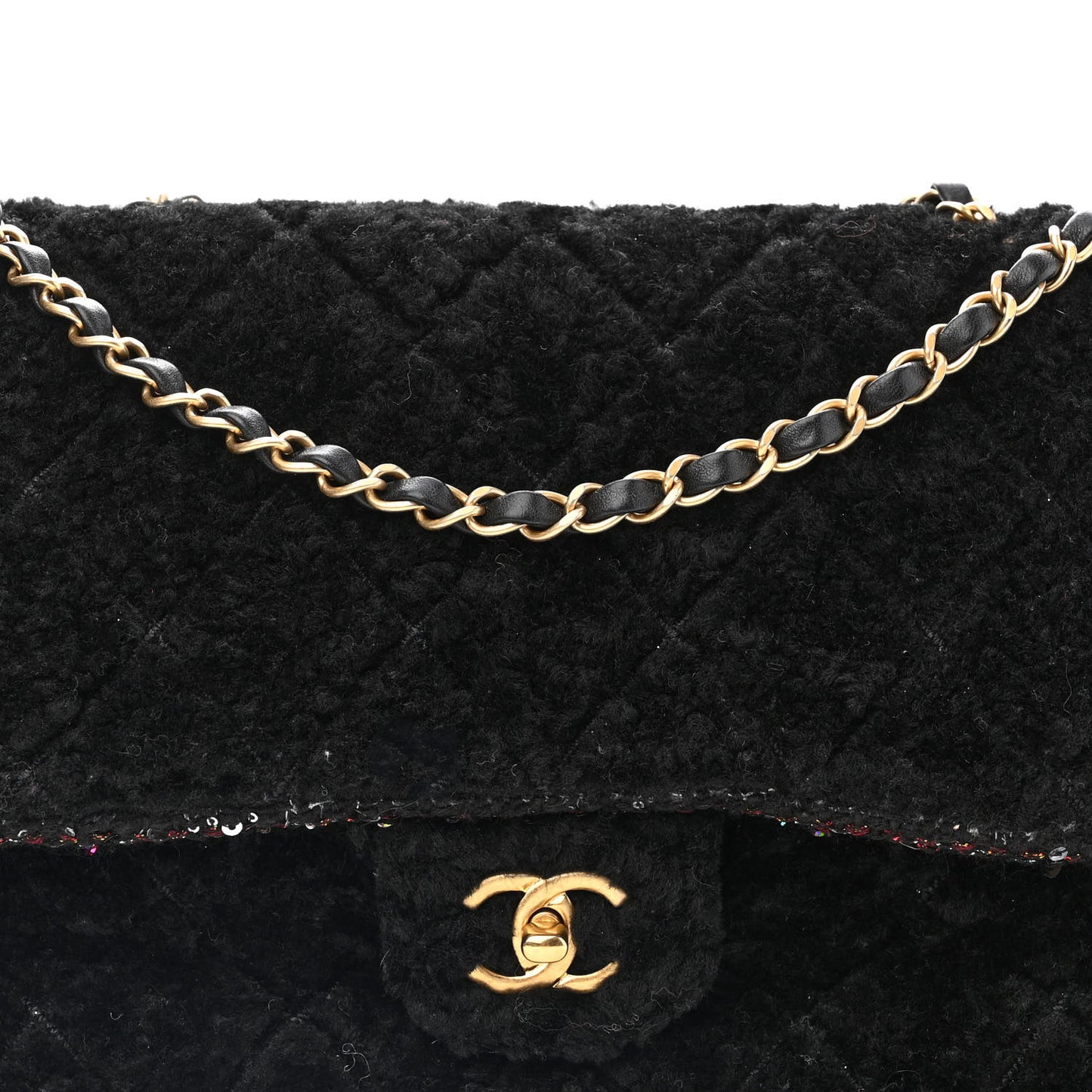 Shearling Sequin Tweed Quilted Jumbo Flap Black