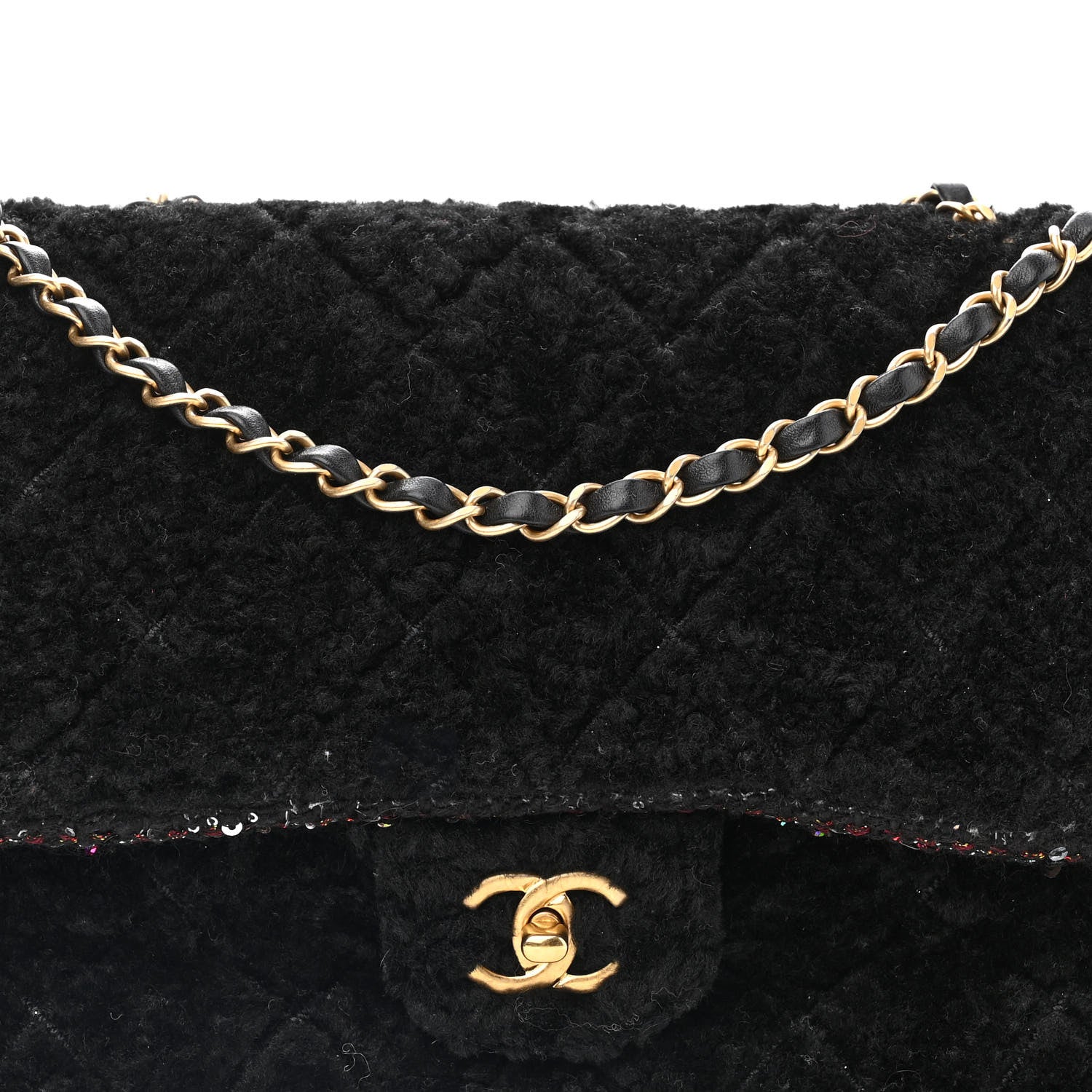 Chanel Shearling Sequin Tweed Quilted Jumbo Flap Black 8 of 14