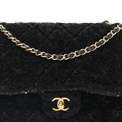 Chanel Shearling Sequin Tweed Quilted Jumbo Flap Black 8 of 14
