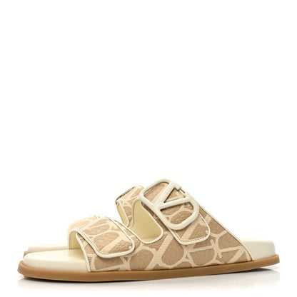 Valentino Garavani Raffia Toile Iconographe Vlogo Double Strap Slide Sandals 39.5 Natural Ivory 3 of 8