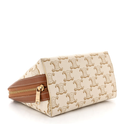 Celine Lambskin Triomphe Canvas Clutch With Chain White Tan 4 of 11