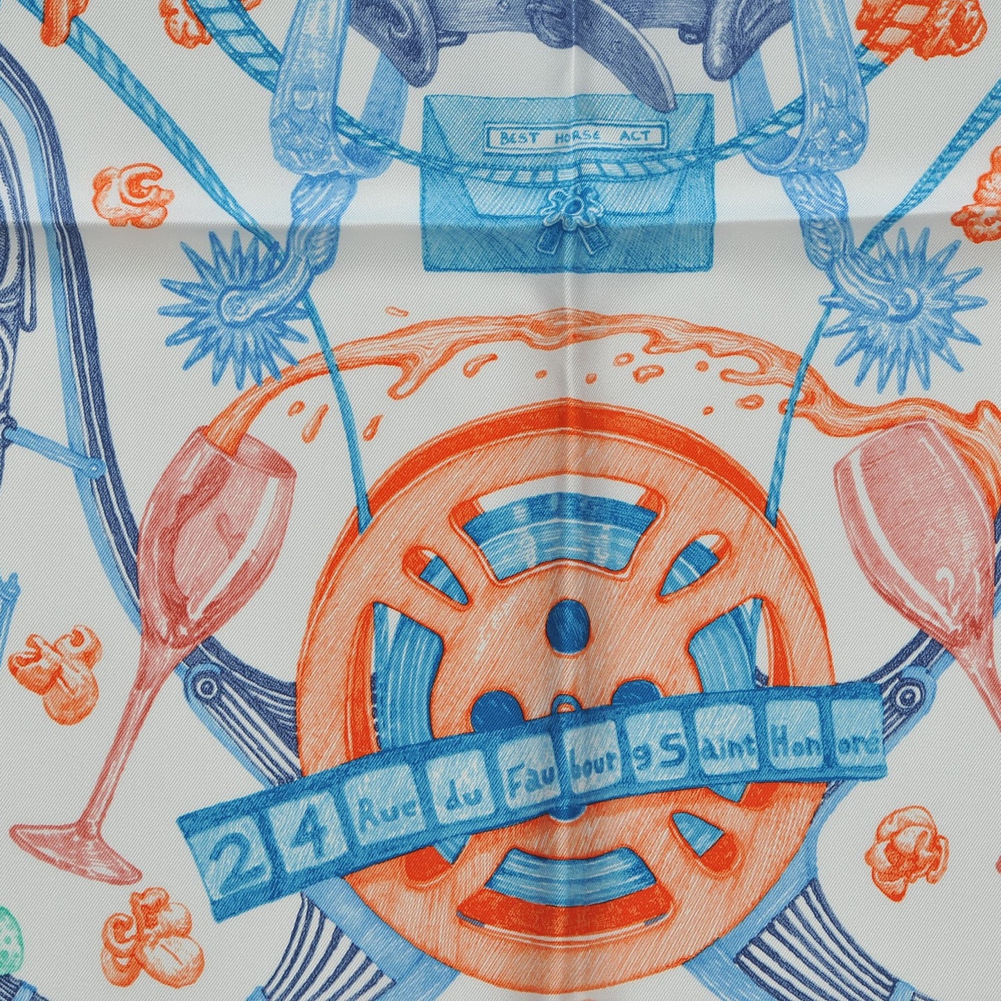 Silk Horsawards Scarf 90 Blanc Orange Bleu