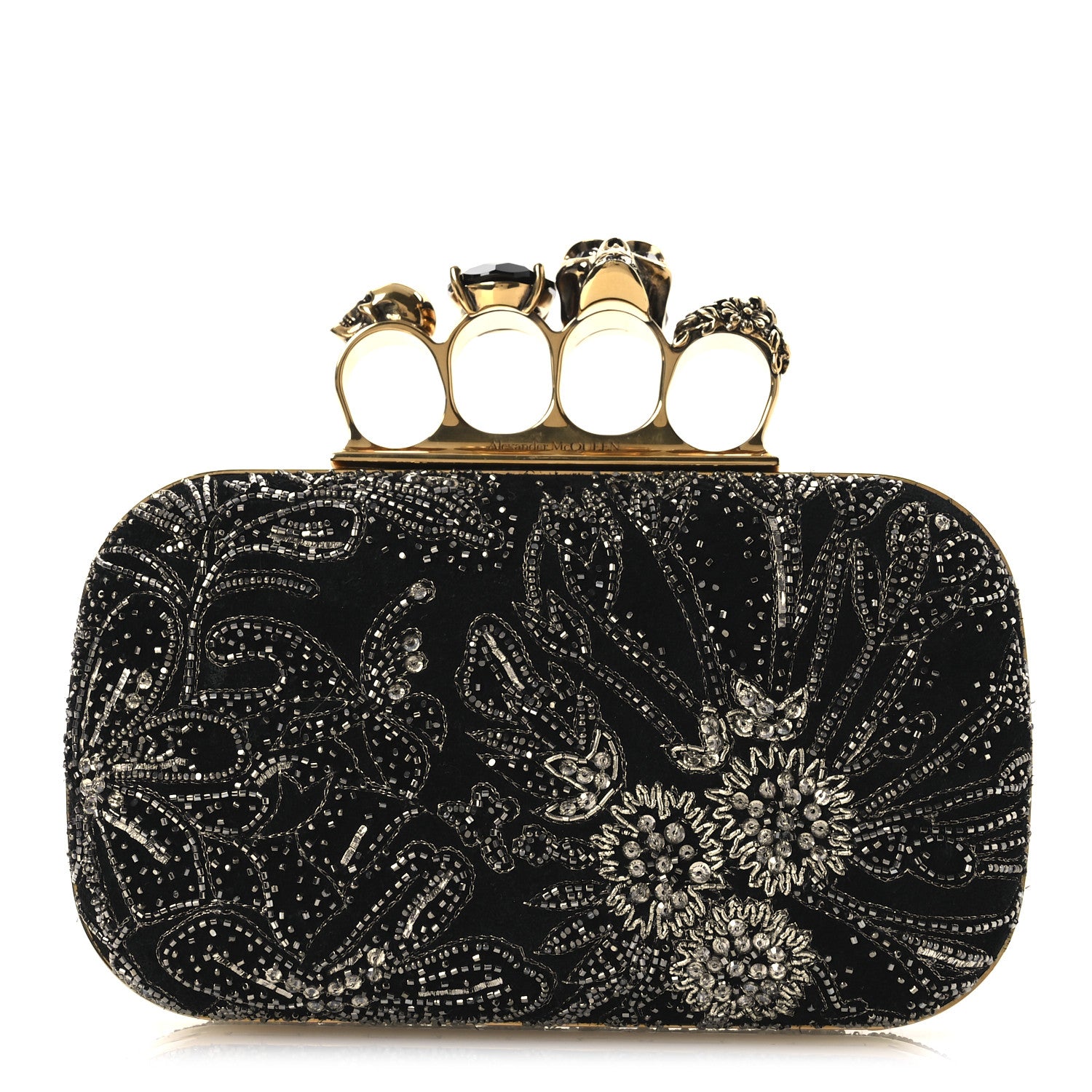 Alexander McQueen Suede Embroidered Knuckle Box Clutch Black 1 of 12