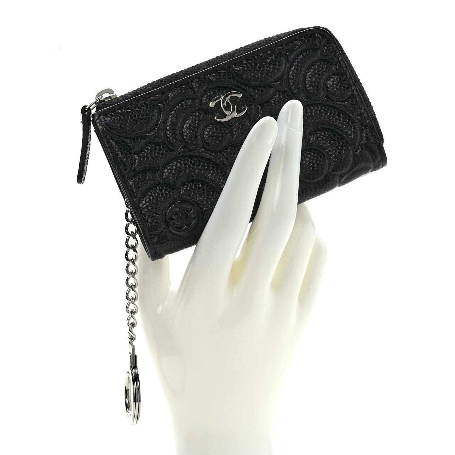Chanel Caviar Camellia Embossed Key Holder Case Black 2 of 8