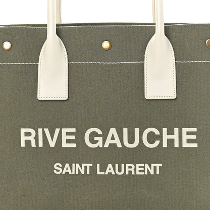 Saint Laurent Linen Calfskin Small Rive Gauche Tote Military Green Blanc Vintage 8 of 12