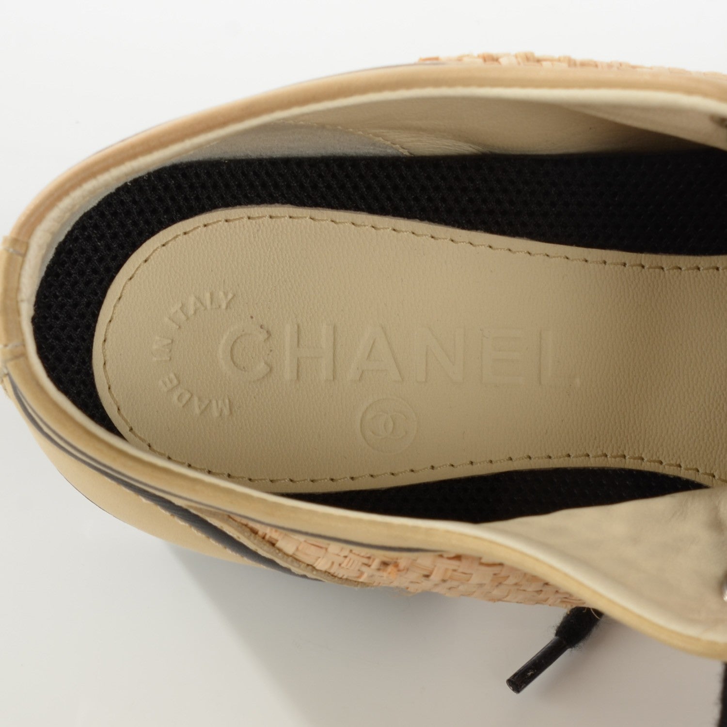 Chanel Straw Calfskin Sneakers 37.5 Beige Black 7 of 8
