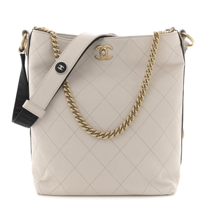 Chanel Calfskin Stitched Large Button Up Hobo Ivory Black 1 of 14