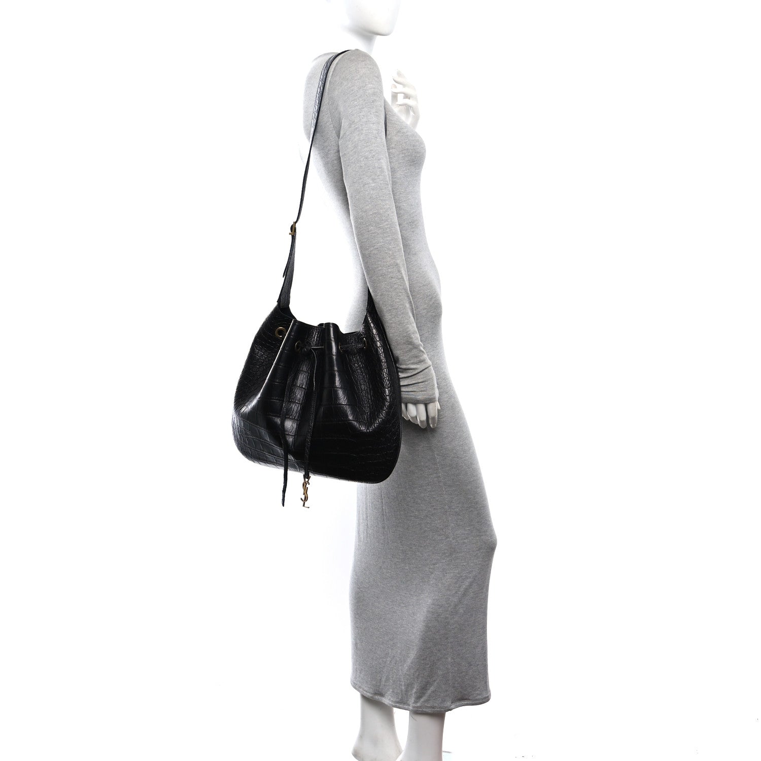 Saint Laurent Calfskin Crocodile Embossed Paris VII Large Flat Hobo Black 2 of 11