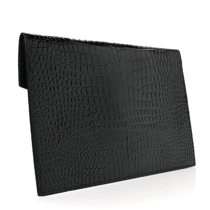 Saint Laurent Calfskin Crocodile Embossed Uptown Monogram Clutch Black 3 of 9
