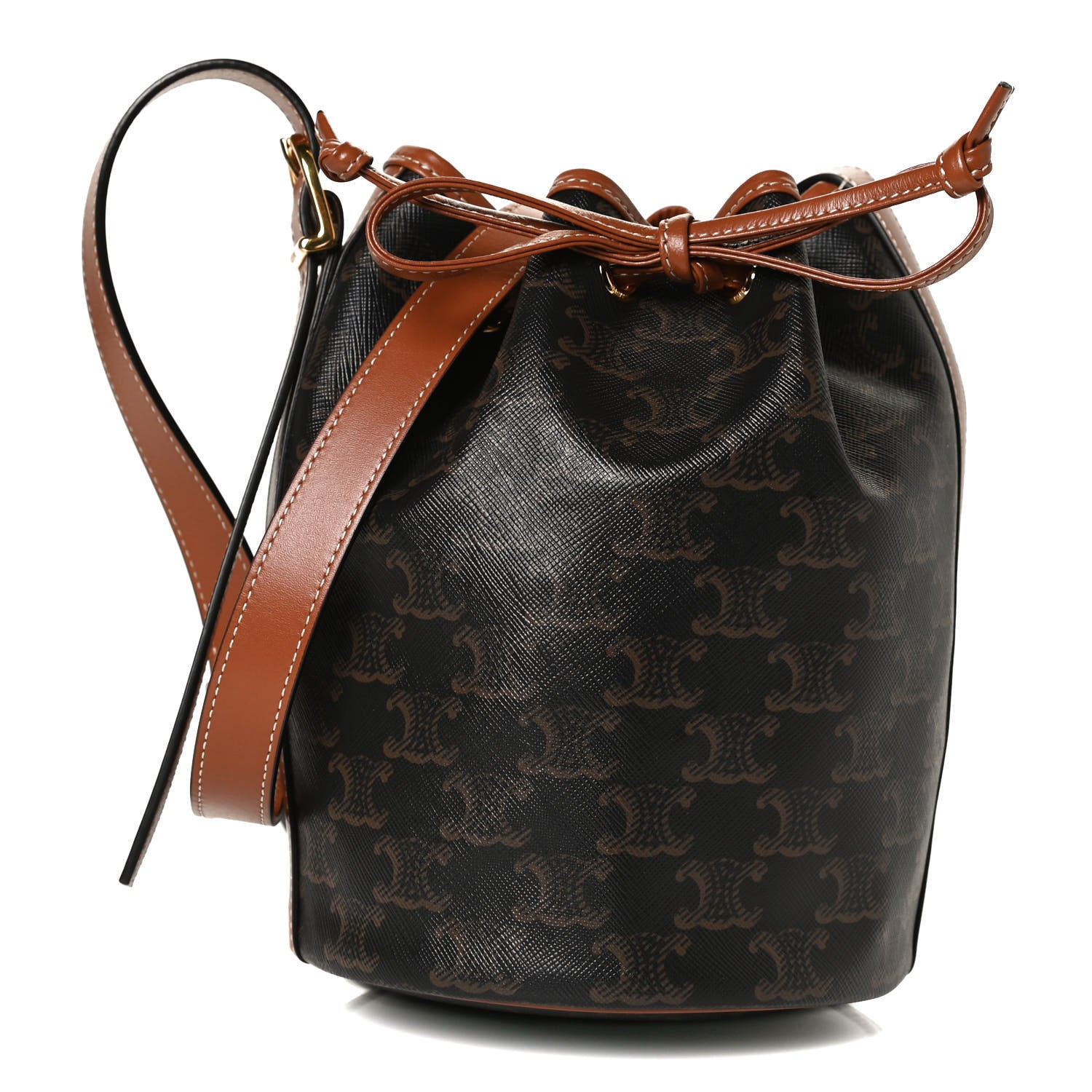 Celine Triomphe Canvas Calfskin Small Drawstring Bucket Bag Tan 1 of 13