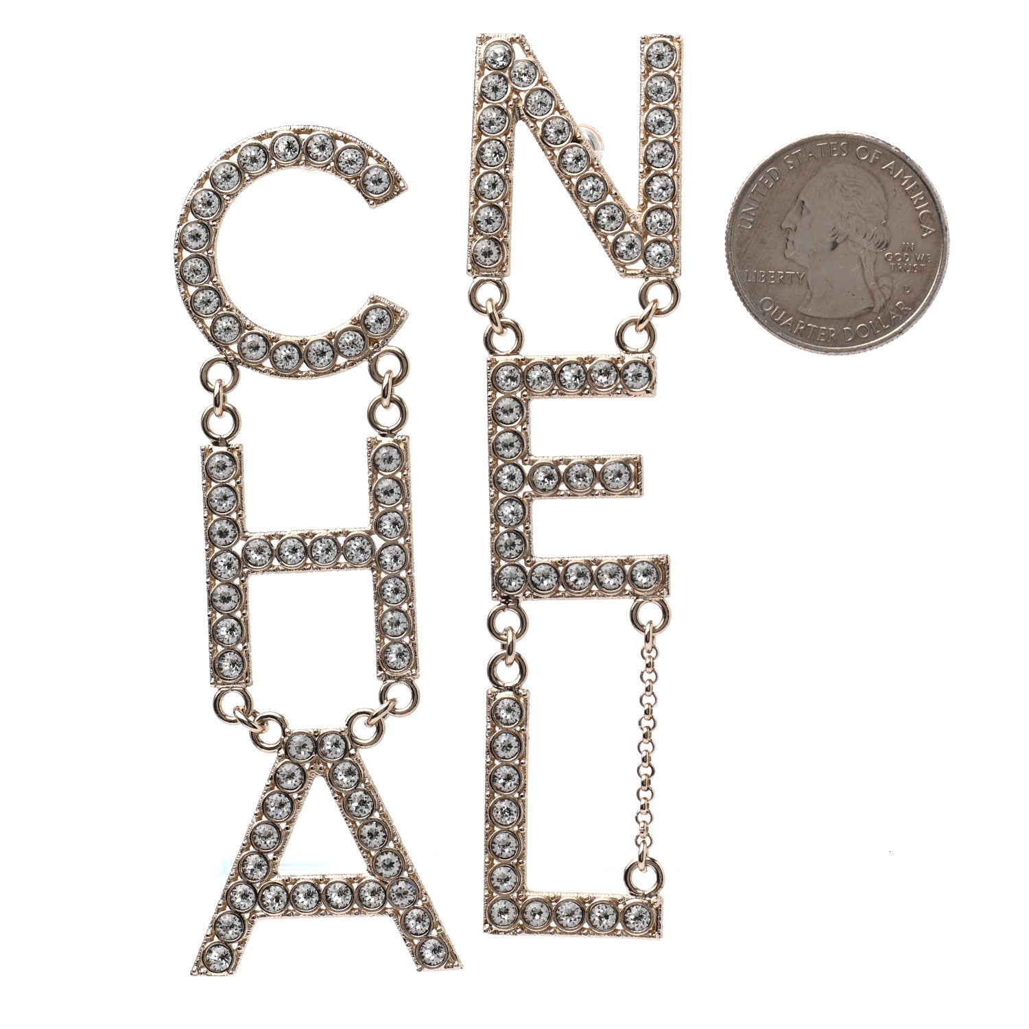 Chanel Crystal Cha-Nel Logo Drop Earrings Gold 2 of 4