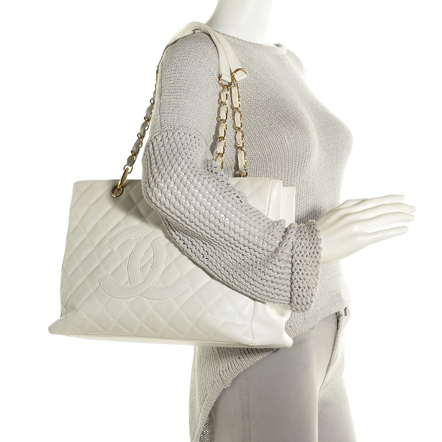 Caviar Quilted Grand Shopping Tote GST White