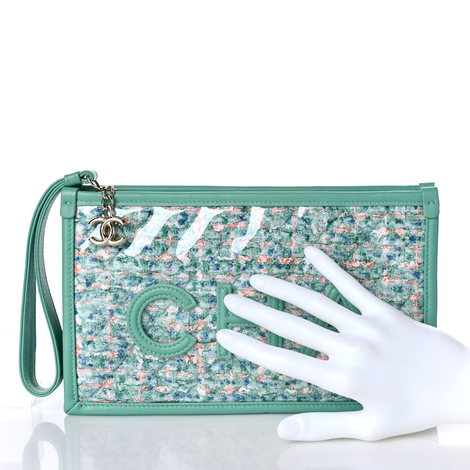 Chanel Tweed Lambskin PVC Quilted Wristlet Pouch Green 2 of 9