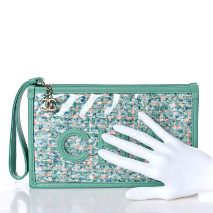 Chanel Tweed Lambskin PVC Quilted Wristlet Pouch Green 2 of 9