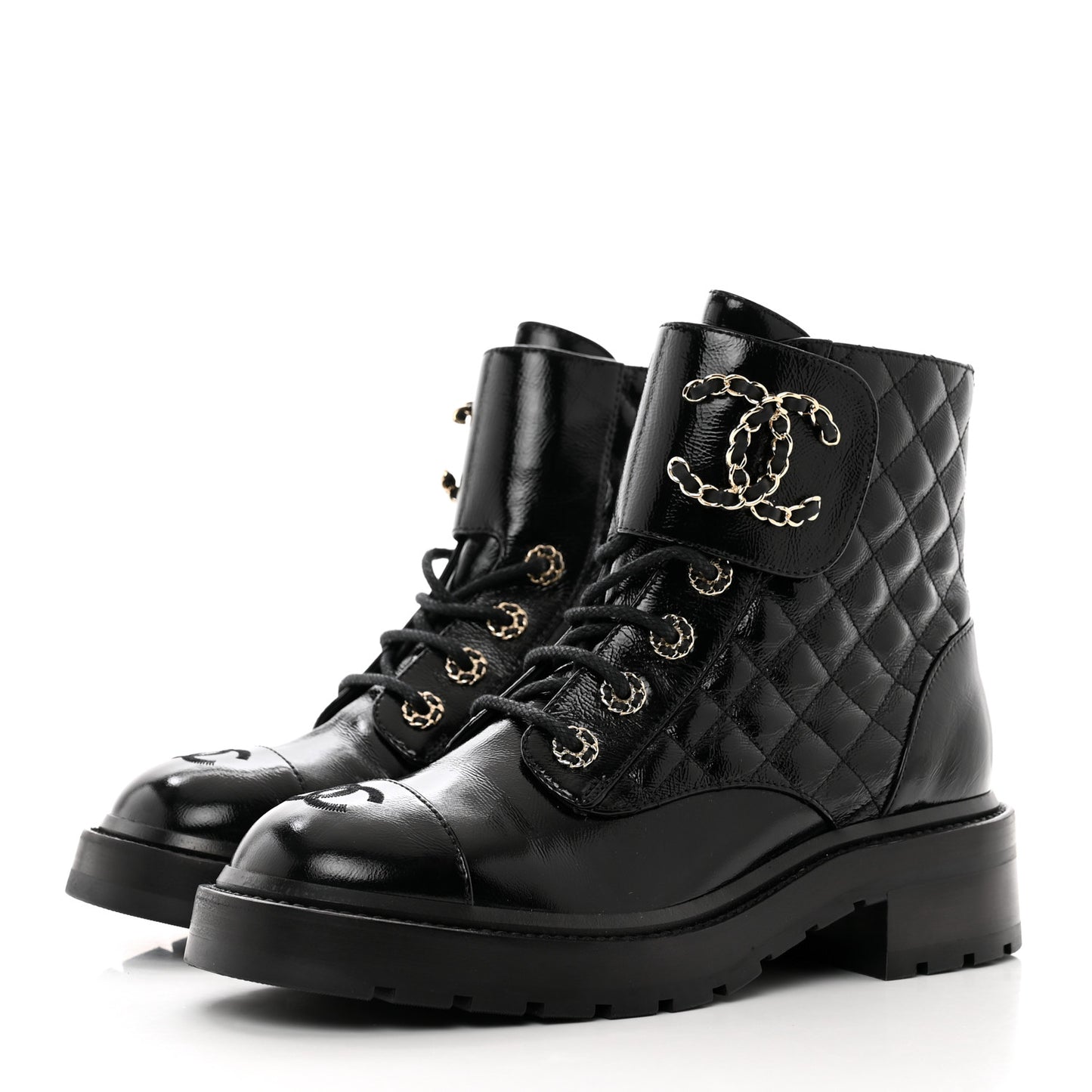 Shiny Calfskin Quilted Lace Up Combat Boots 38 Black