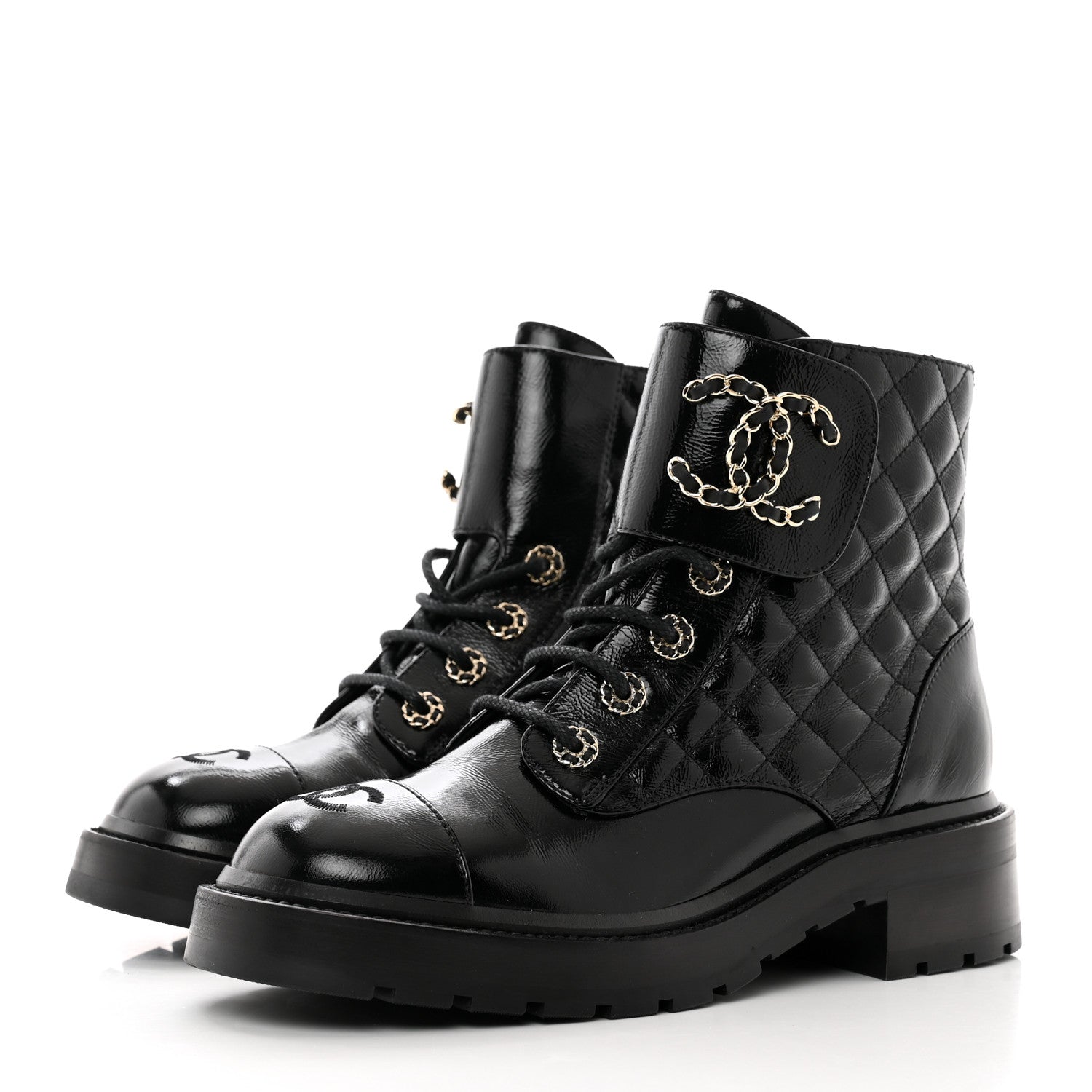 Chanel Shiny Calfskin Quilted Lace Up Combat Boots 38 Black 3 of 9