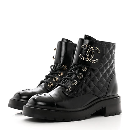 Chanel Shiny Calfskin Quilted Lace Up Combat Boots 38 Black 3 of 9