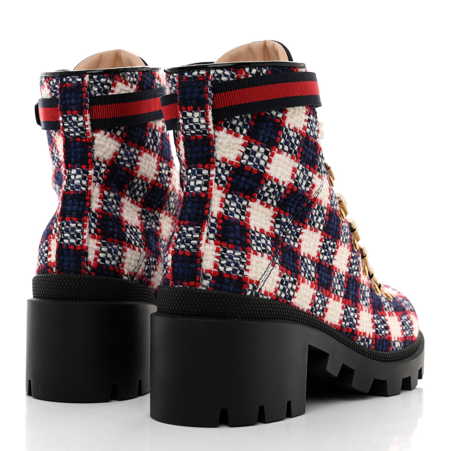Gucci Vintage Tweed Check Lace Up Combat Ankle Boots 39 White Hibiscus Red Marine 4 of 9