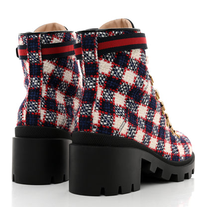 Gucci Vintage Tweed Check Lace Up Combat Ankle Boots 39 White Hibiscus Red Marine 4 of 9