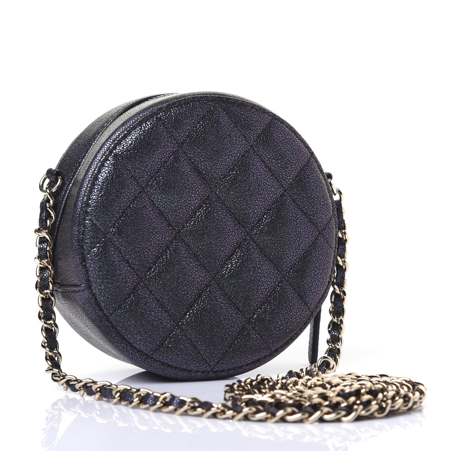 Iridescent Caviar Quilted Round Clutch With Chain Black