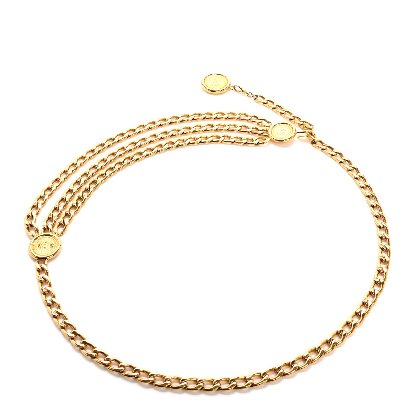 Metal Medallion CC Triple Chain Belt Gold