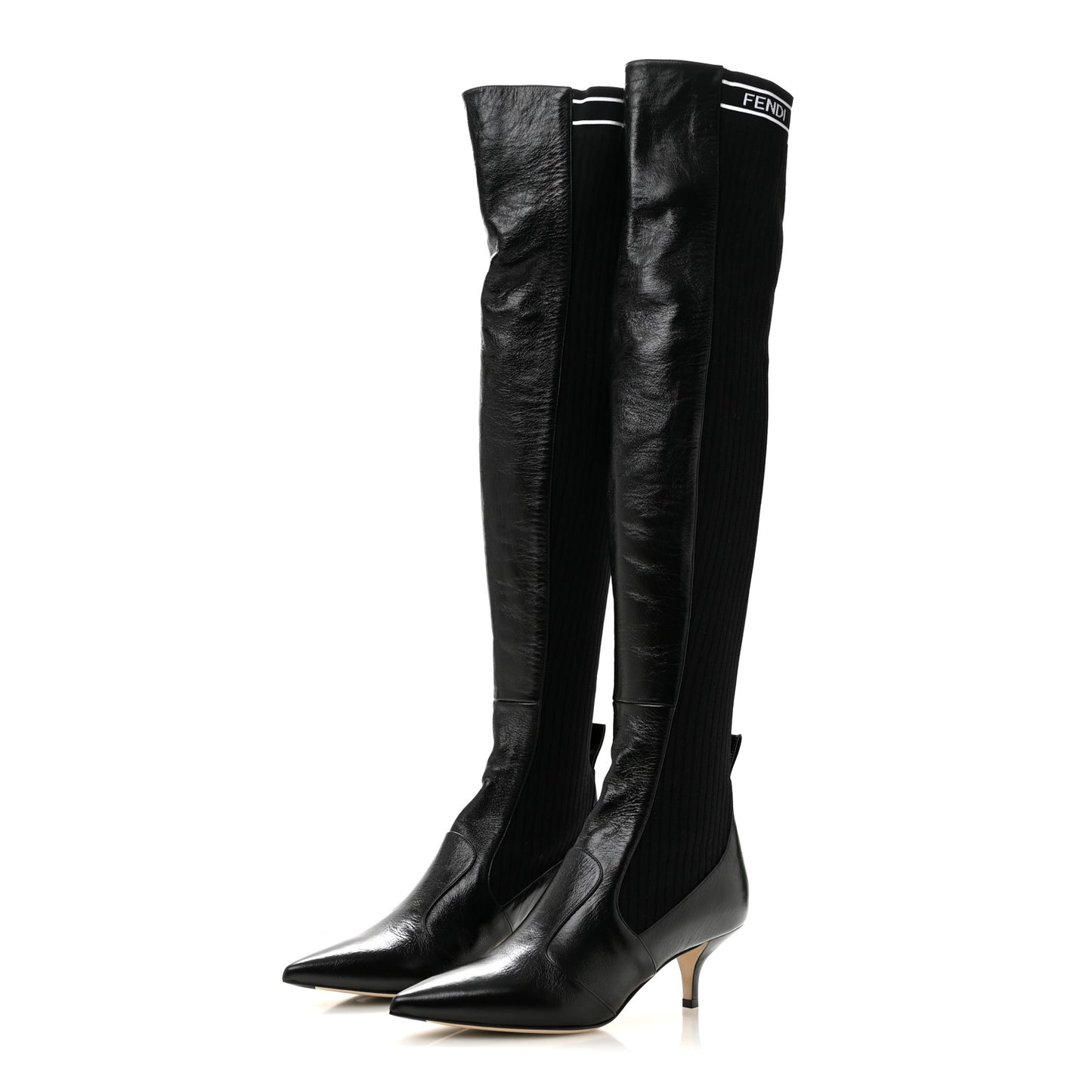 Vitello Lucido Stretch Fabric Logo Rockoko Thigh High Sock Boots 38 Black White