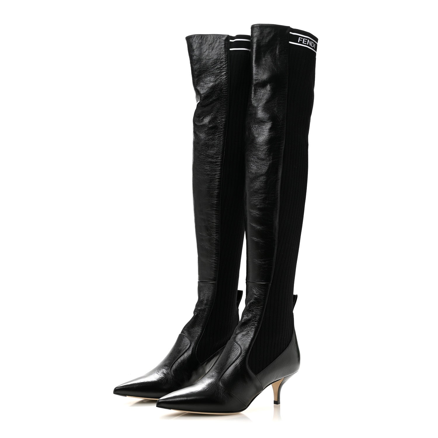 Fendi Vitello Lucido Stretch Fabric Logo Rockoko Thigh High Sock Boots 38 Black White 3 of 8