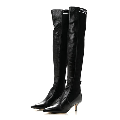 Fendi Vitello Lucido Stretch Fabric Logo Rockoko Thigh High Sock Boots 38 Black White 3 of 8