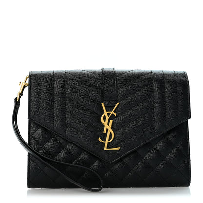 Saint Laurent Grain De Poudre Textured Mixed Matelasse Triquilt Monogram Clutch Black 1 of 13