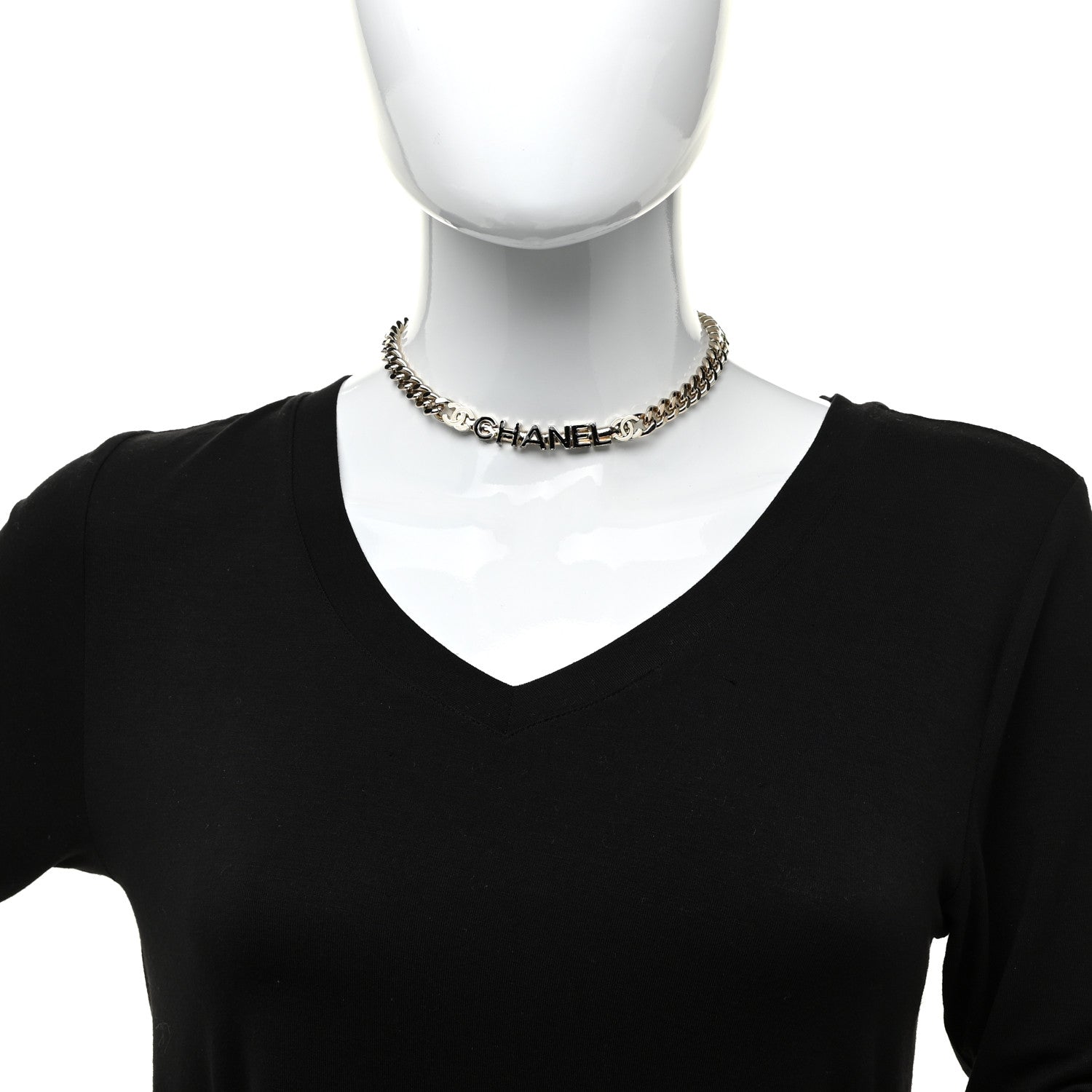 Chanel Enamel Metal Logo Choker Necklace Gold White Black 2 of 4