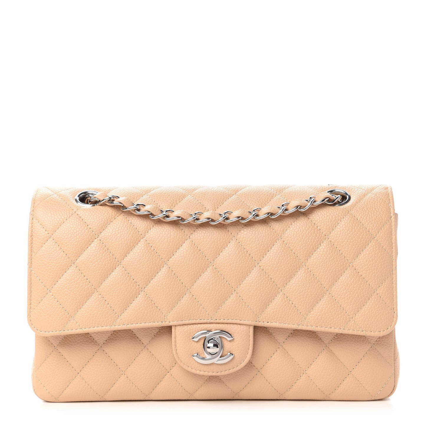 Caviar Quilted Medium Double Flap Beige