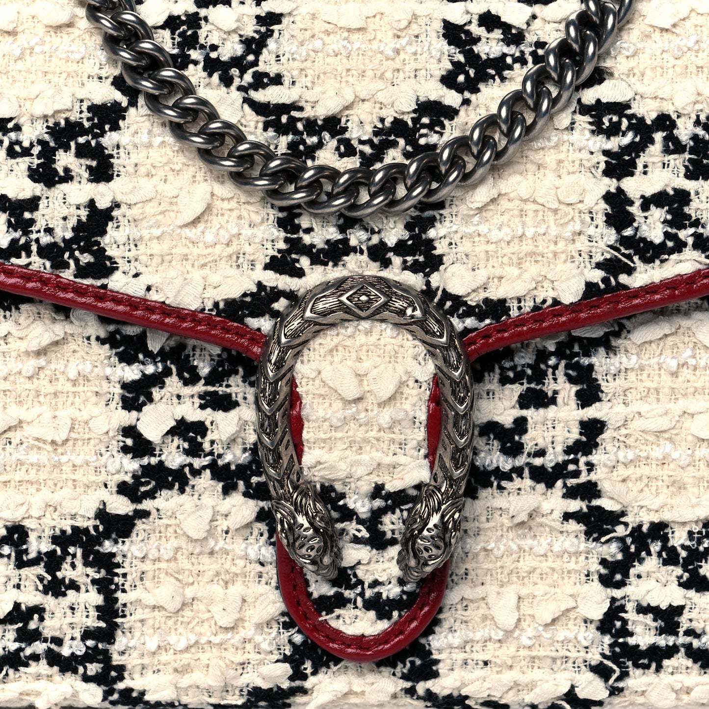 Tweed GG Monogram Mini Dionysus Chain Wallet White Black Romantic Cherry