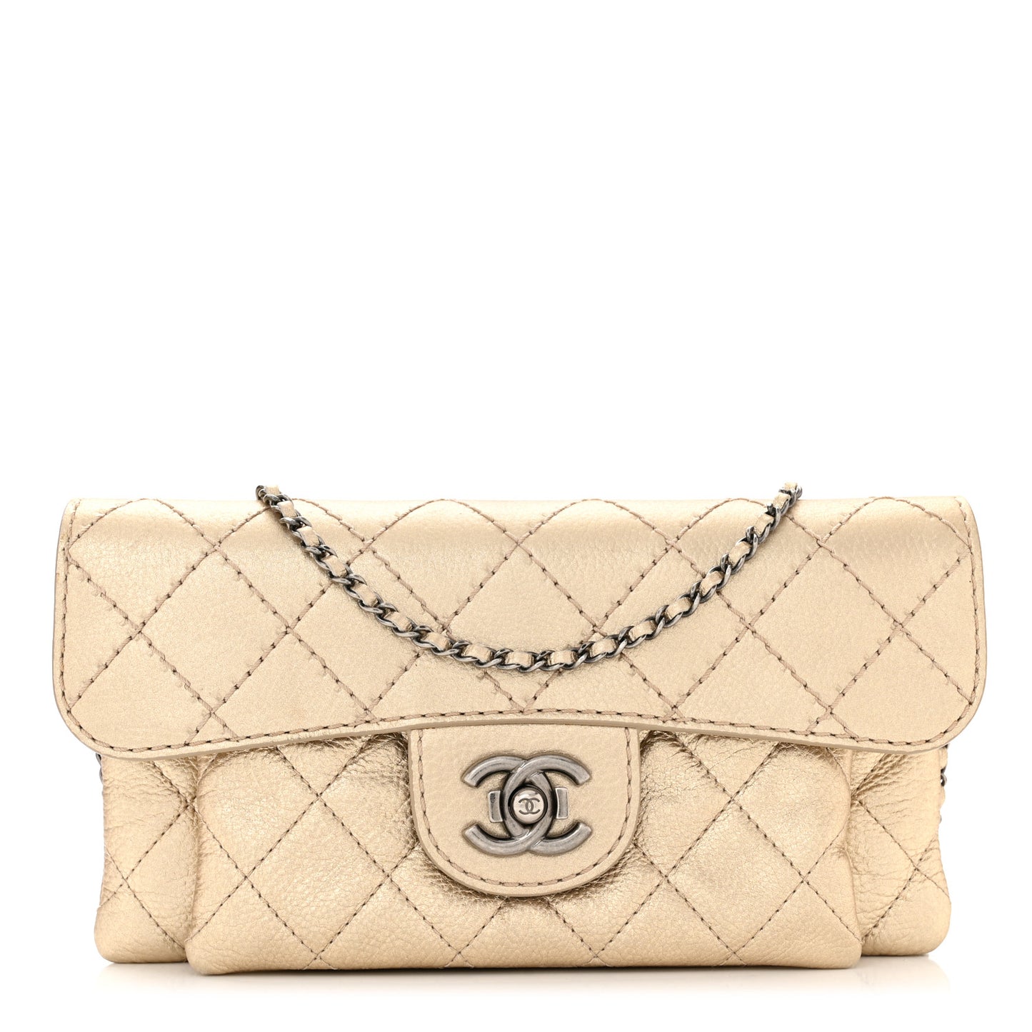 Metallic Calfskin Quilted Flap Clutch With Chain Light Gold