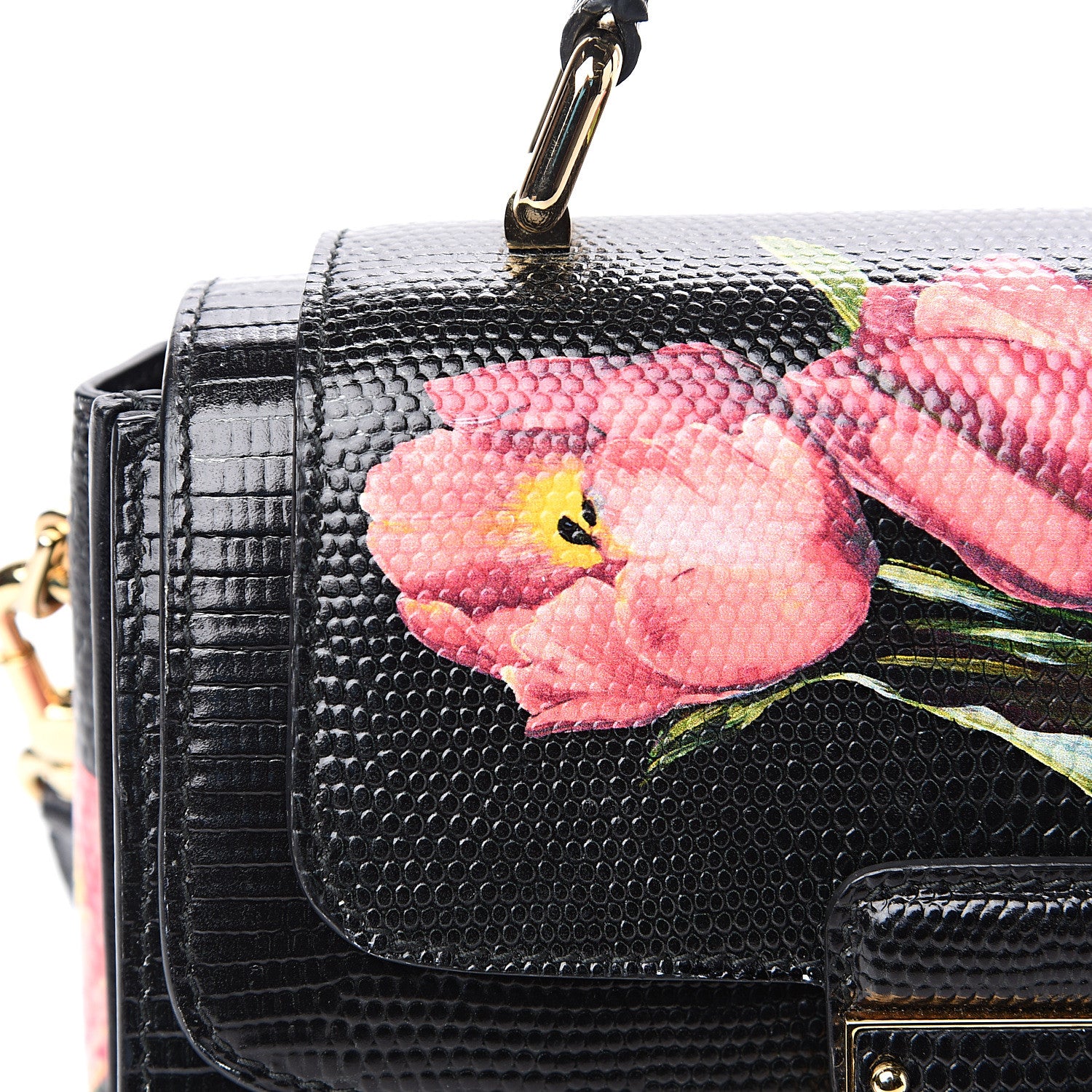 Dolce & Gabbana Iguana Calfskin Embossed Tulipani Mini Top Handle Bag Black Rosa 8 of 10