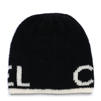 Chanel Cashmere Wool Silk Logo Beanie Hat Black White 3 of 6