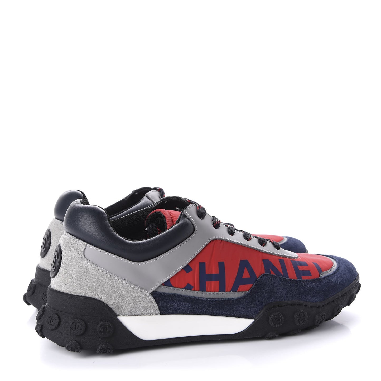 Nylon Calfskin Suede Womens CC Sneakers 37.5 Red Grey Navy