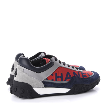 Chanel Nylon Calfskin Suede Womens CC Sneakers 37.5 Red Grey Navy 4 of 10