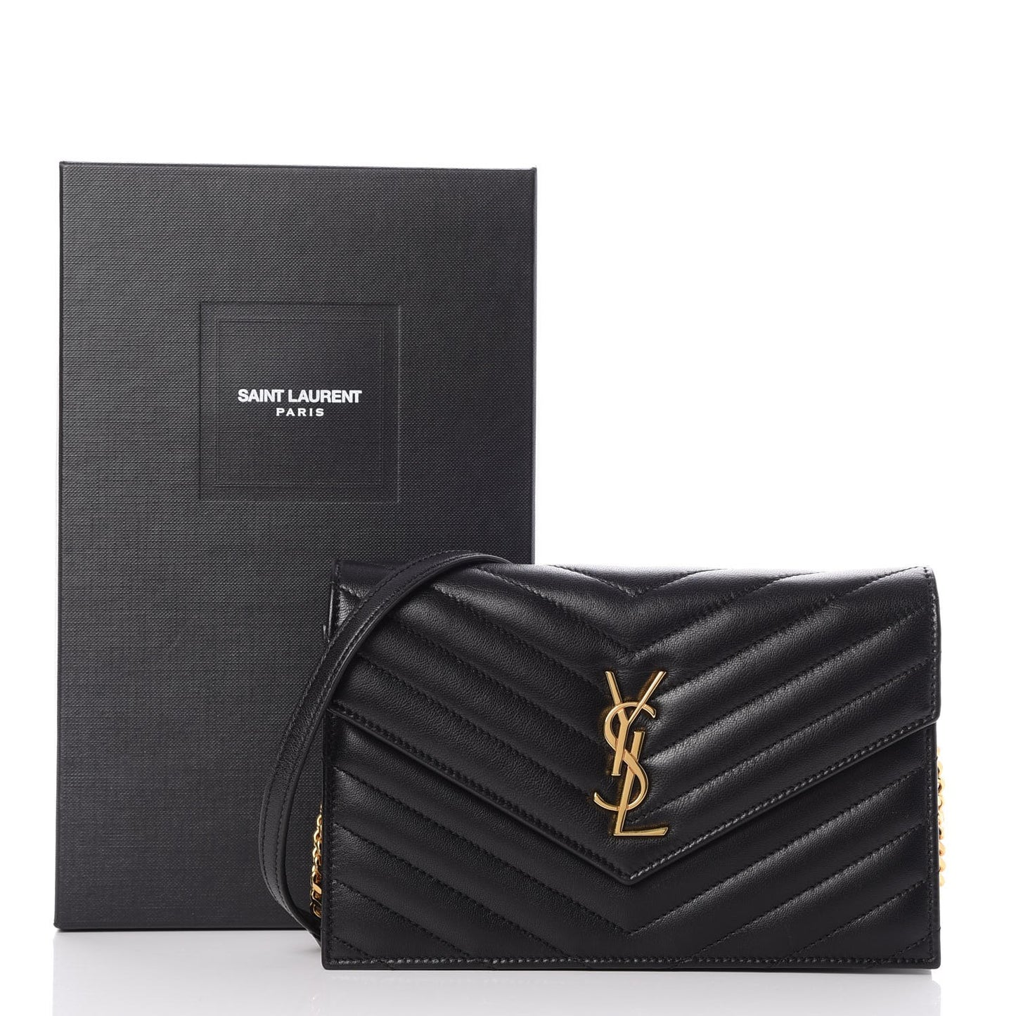Nappa Matelasse Chevron Monogram Envelope Chain Wallet Black
