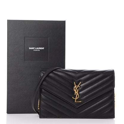 Saint Laurent Nappa Matelasse Chevron Monogram Envelope Chain Wallet Black 9 of 9