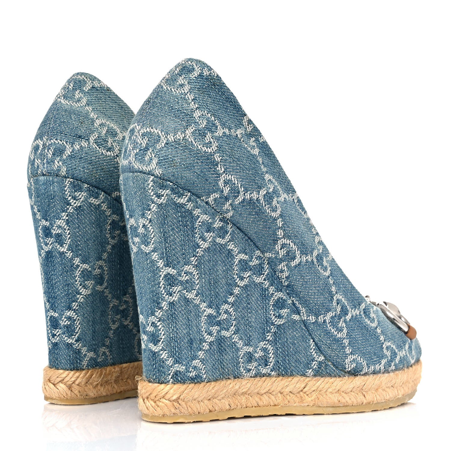 Gucci Denim Monogram Horsebit Open Toe Espadrille Wedges 35 Blue 4 of 9