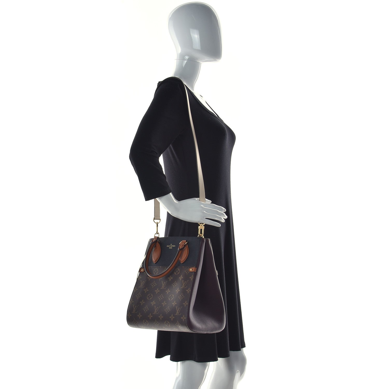 Louis Vuitton Calfskin Monogram Fold Tote MM Black Wine Cream 2 of 9