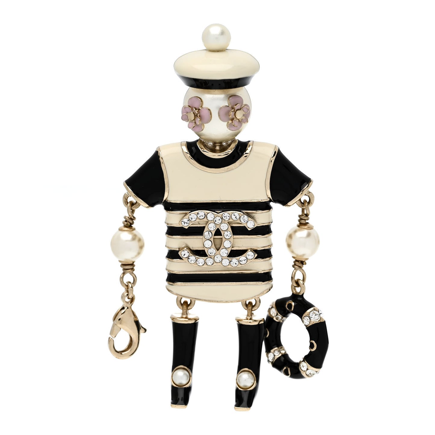 Enamel Crystal Pearl CC Sailor Brooch Black White